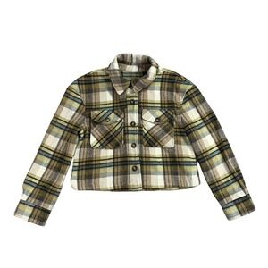Bagatelle Plaid Cropped Shacket Womens M Button Front Jacket Olive Mustard